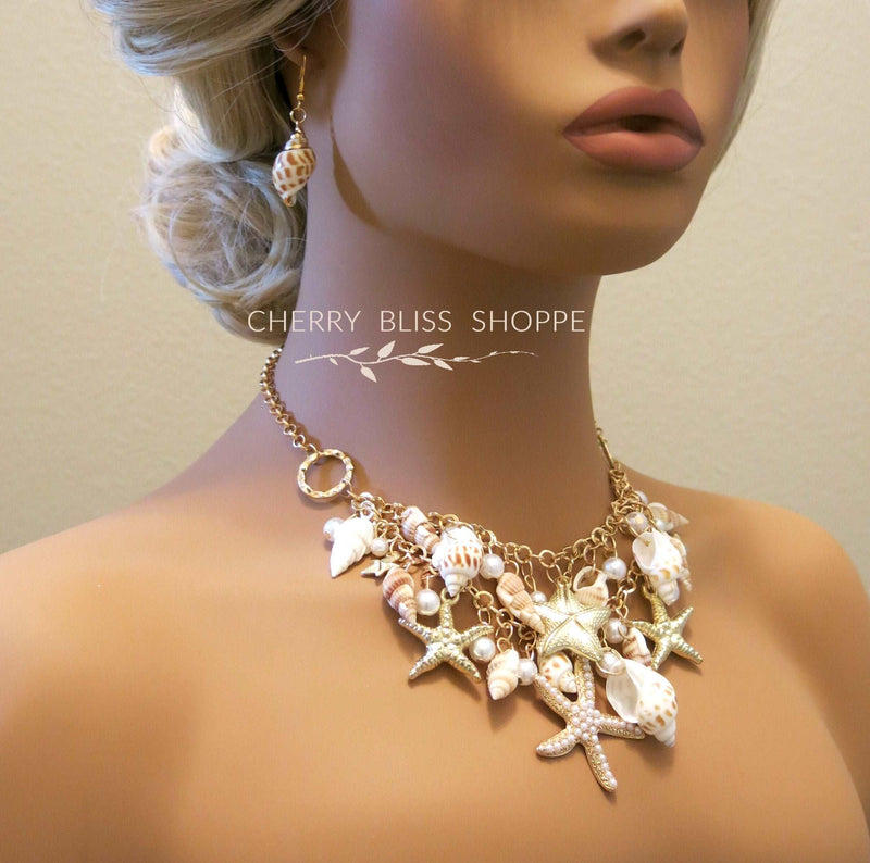 Natural Seashell Necklace and Bracelet, Beach Wedding Pearl and Starfish Bib Necklace, Charm Bracelet - KaleaBoutique.com