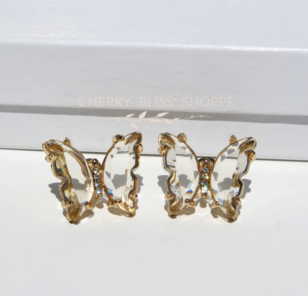 Clear Butterfly Stud Earrings, Gold Butterfly Earrings, S925 Hypoallergenic Glass Wing Butterfly Studs - KaleaBoutique.com
