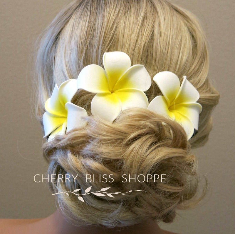 3 PC Plumeria Flower Hair Clip Set, Bridal White Or Pink Tropical Floral Hairpin Bohemian Hair Clips - KaleaBoutique.com