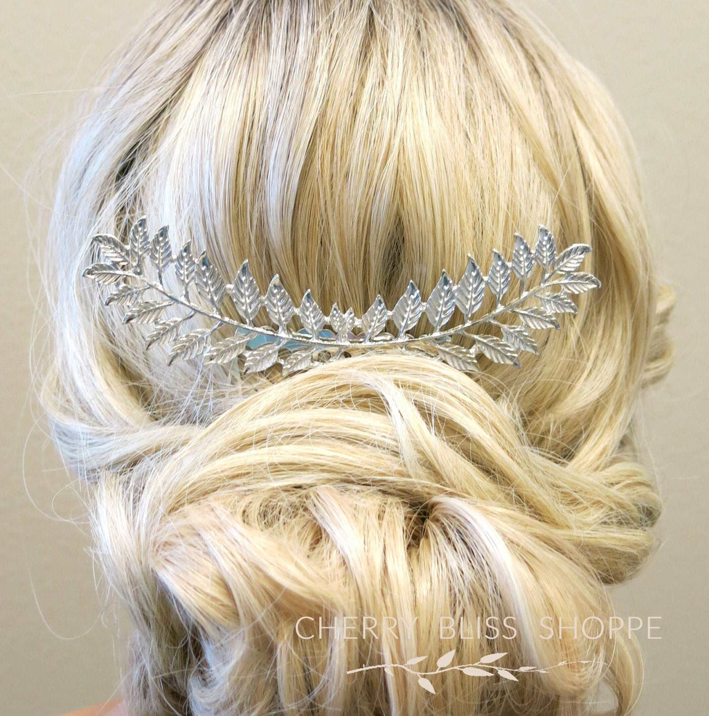 Laurel Leaves Large Decorative Hair Comb, Boho Bridal Silver Hair Pin, Large Silver Hair Comb Headpiece - KaleaBoutique.com