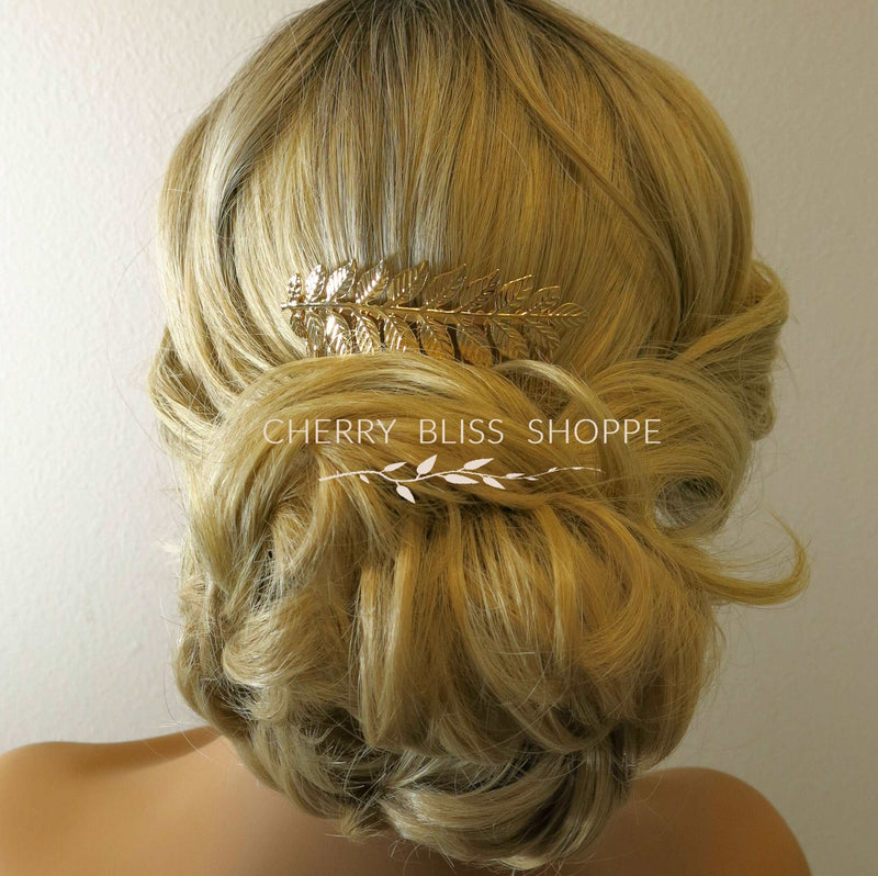 Silver or Gold Leaf Hair Comb, Boho Wedding Small Roman Style Hairpiece, Bridal Gold Metal Hair Piece - KaleaBoutique.com