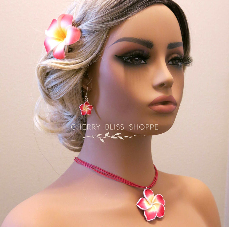 Plumeria Flower Necklace and Earrings 3 PC Jewelry Set, Hawaii Floral Plumeria Boho Choker Necklace - KaleaBoutique.com