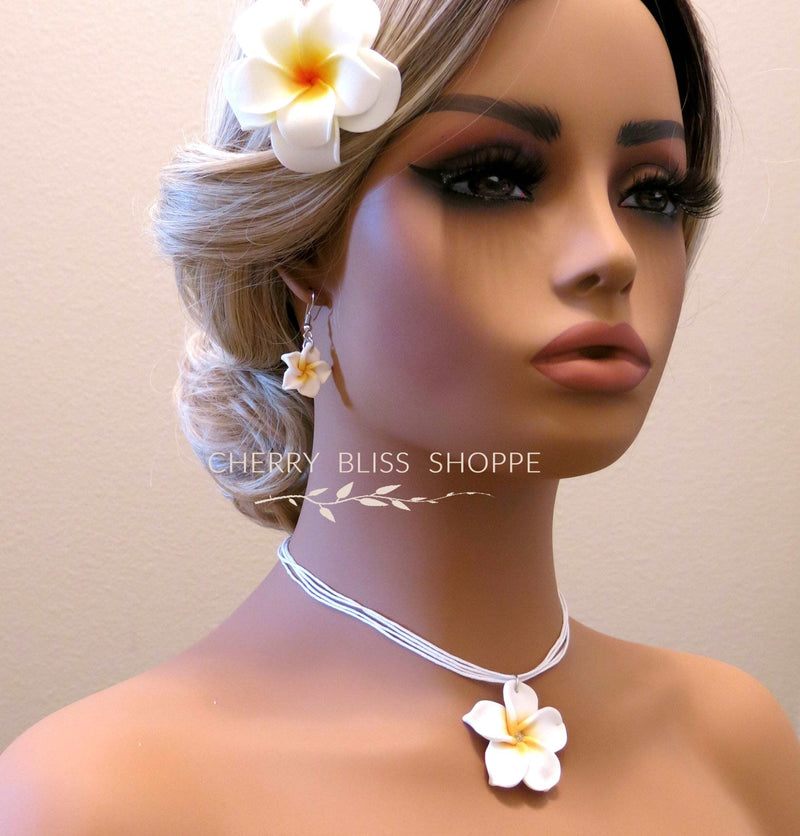 Plumeria Flower Necklace and Earrings 3 PC Jewelry Set, Hawaii Floral Plumeria Boho Choker Necklace - KaleaBoutique.com