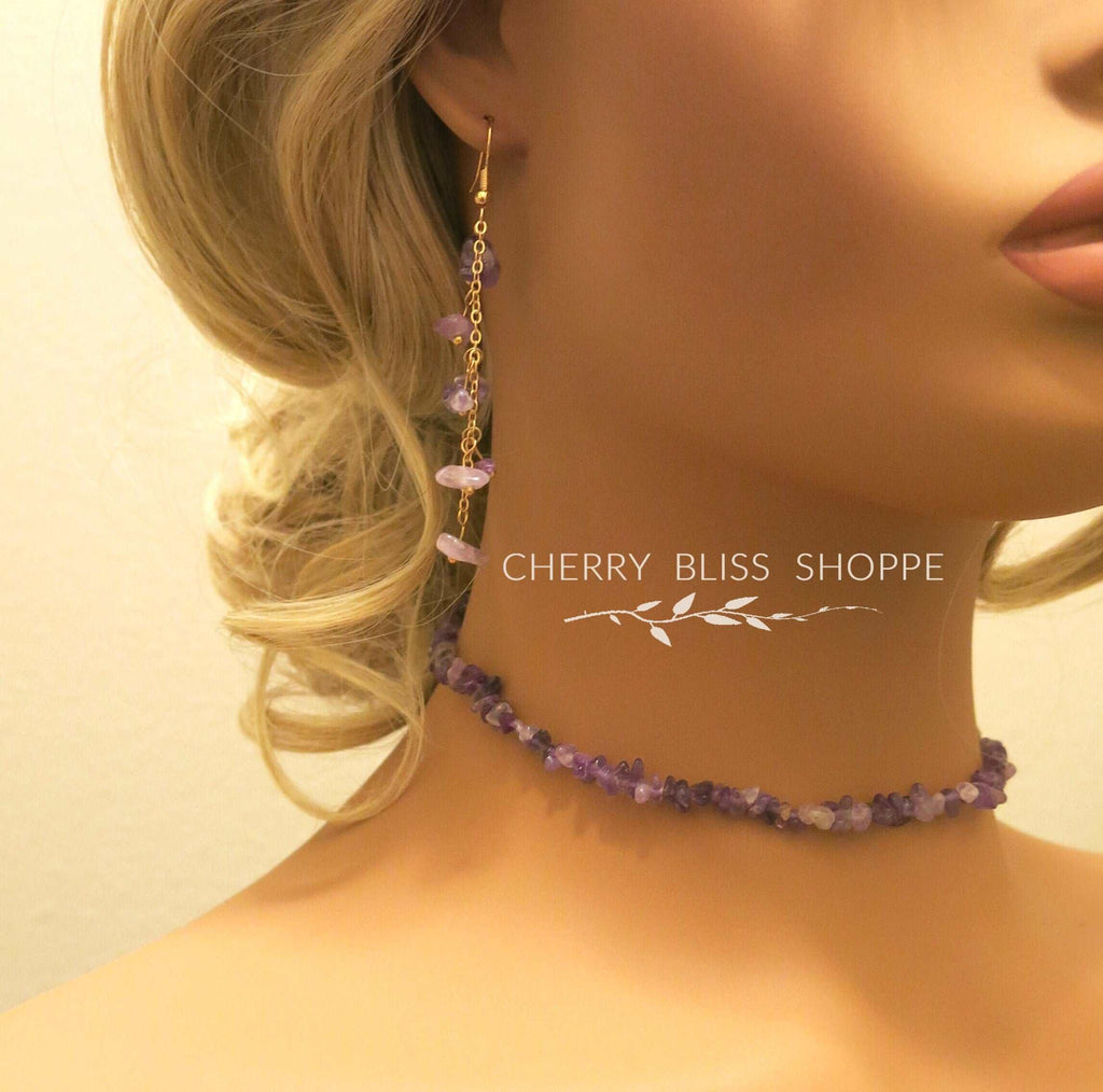 Genuine Amethyst Necklace and Bracelet 2 PC Jewelry Set, Gemstone Amethyst Nugget Dangle Earrings - KaleaBoutique.com