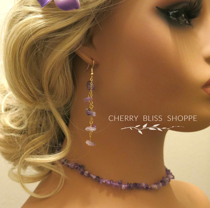 Genuine Amethyst Necklace and Bracelet 2 PC Jewelry Set, Gemstone Amethyst Nugget Dangle Earrings - KaleaBoutique.com