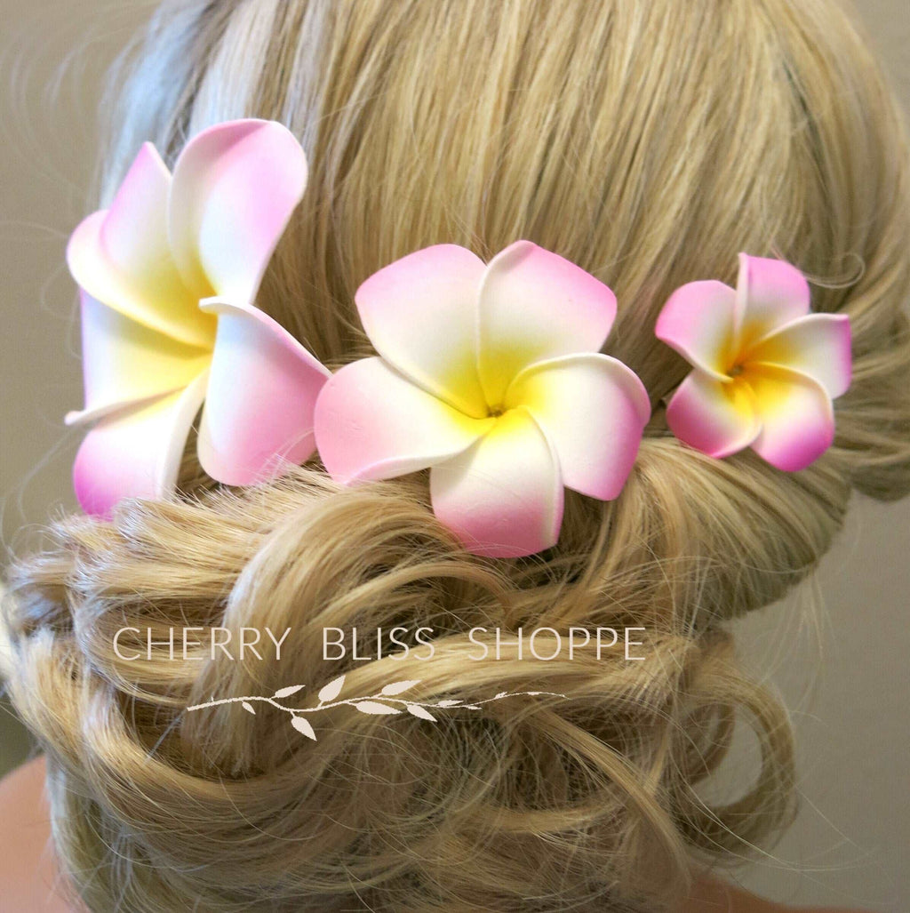 Plumeria Flower 3 PC Hair Clip Set, Various Sized Hawaiian Flower Fascinator, Bridal Getaway Floral Hairclips - KaleaBoutique.com