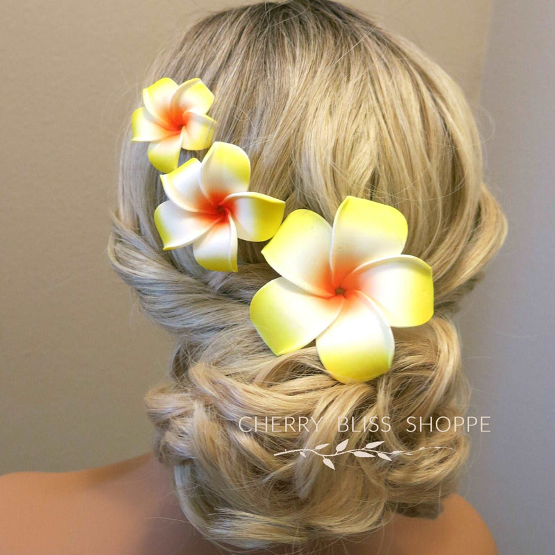 Plumeria Flower 3 PC Hair Clip Set, Various Sized Hawaiian Flower Fascinator, Bridal Getaway Floral Hairclips - KaleaBoutique.com