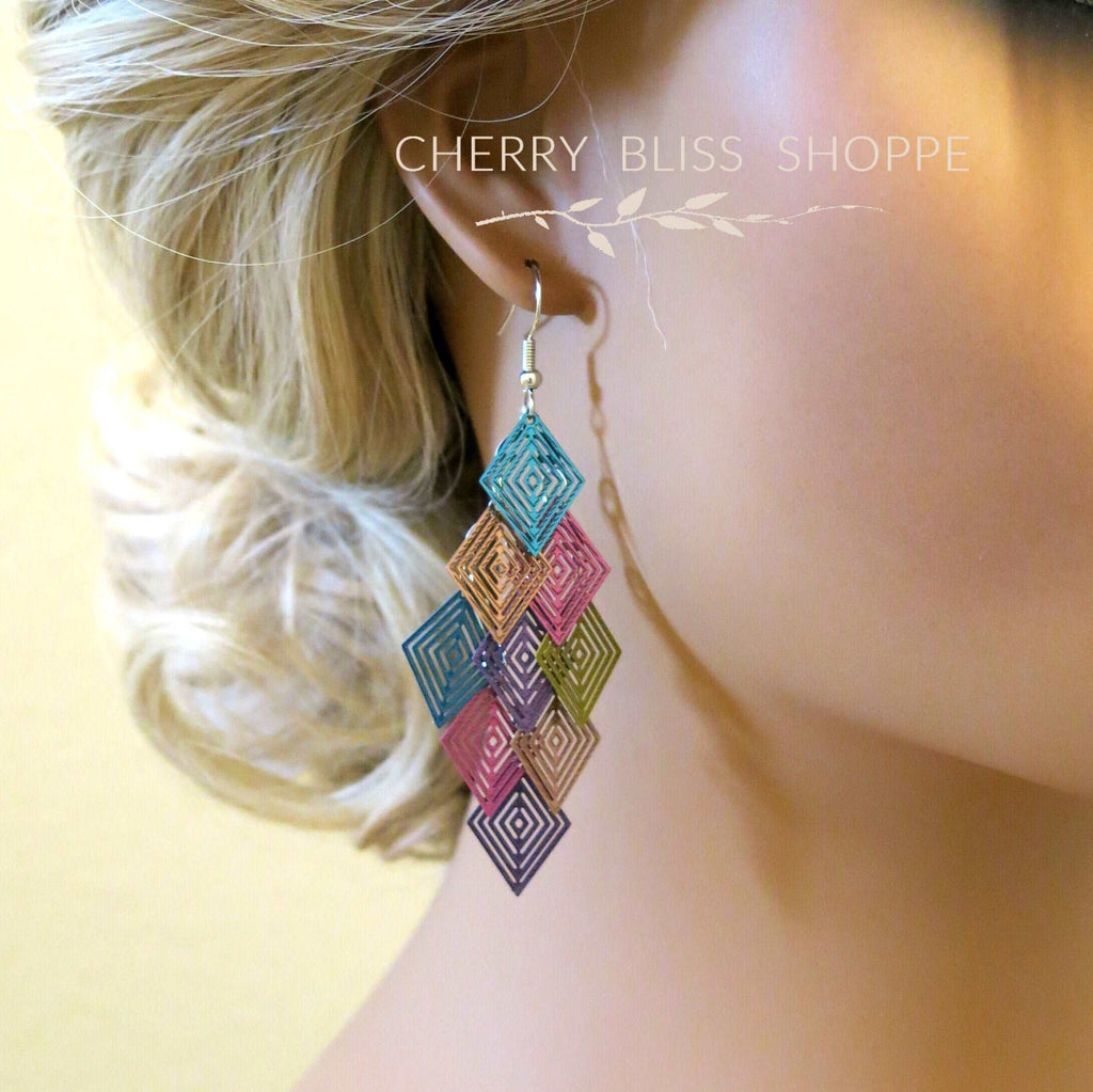 Geometric Laser Cut Dangle Earrings, Multicolored Layered Statement Earrings, Square Multi Color Earrings - KaleaBoutique.com