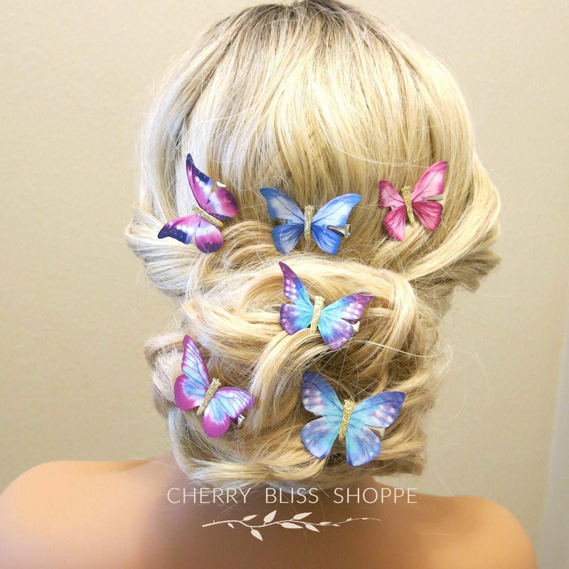 6 PC Silk Butterfly Hair Clip Set, Realistic Butterfly Fantasy Hairclips, Bridesmaid or Prom Party Butterfly Hairclip Set - KaleaBoutique.com