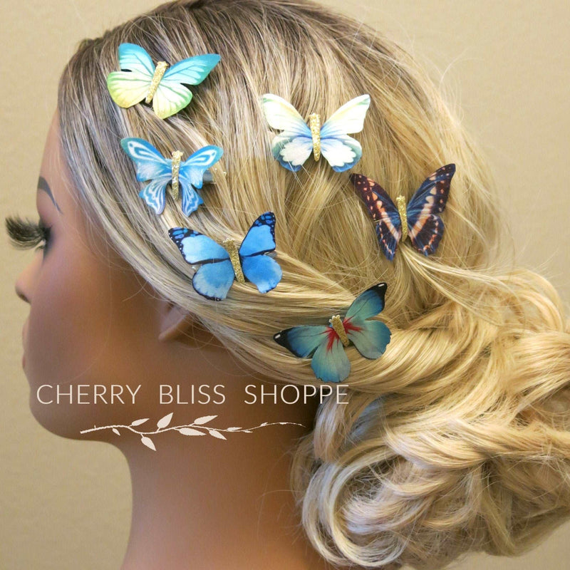 6 PC Silk Butterfly Hair Clip Set, Realistic Butterfly Fantasy Hairclips, Bridesmaid or Prom Party Butterfly Hairclip Set - KaleaBoutique.com