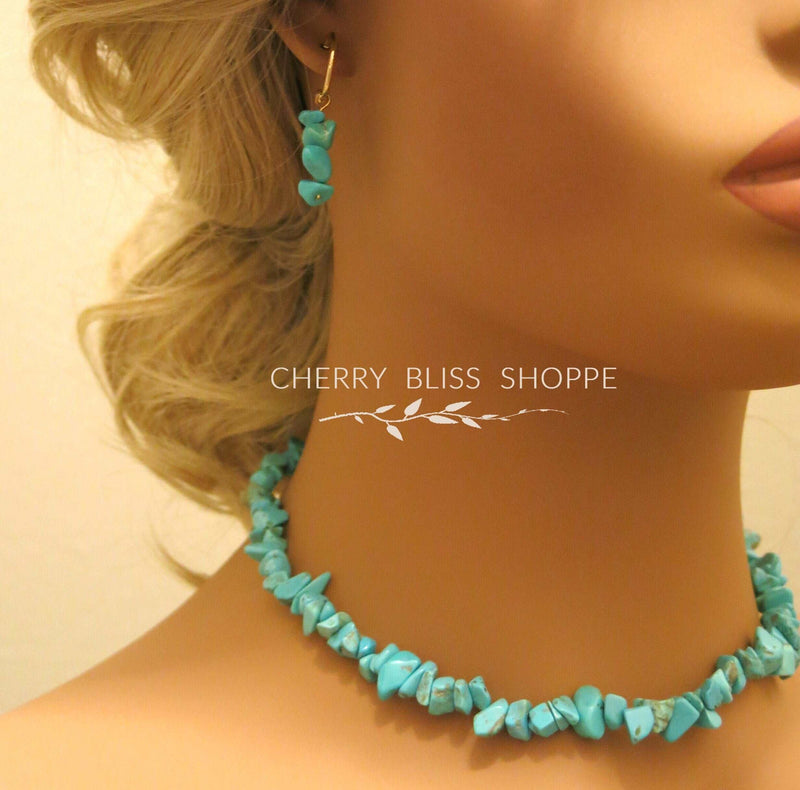 Natural Turquoise Nugget Choker Boho Gem Unisex Necklace or Turquoise Dangle Earrings or Hoop Earrings - KaleaBoutique.com