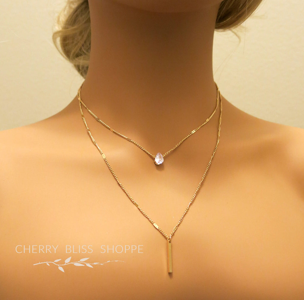 Double 2 PC Necklace Set Minimalist Dainty Bar Charm Two Chains Aesthetic Rhinestone Pendant Trendy Gem Charm Jewelry Set of 2 Necklaces - KaleaBoutique.com