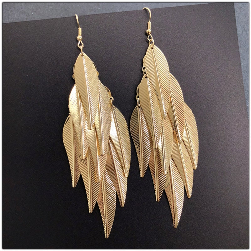 Oversized Gold Feather Tassel Earrings, Chandelier Dangle Bohemian Fashion Statement Layered Earrings - KaleaBoutique.com