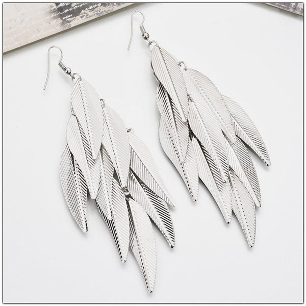 Oversized Gold Feather Tassel Earrings, Chandelier Dangle Bohemian Fashion Statement Layered Earrings - KaleaBoutique.com