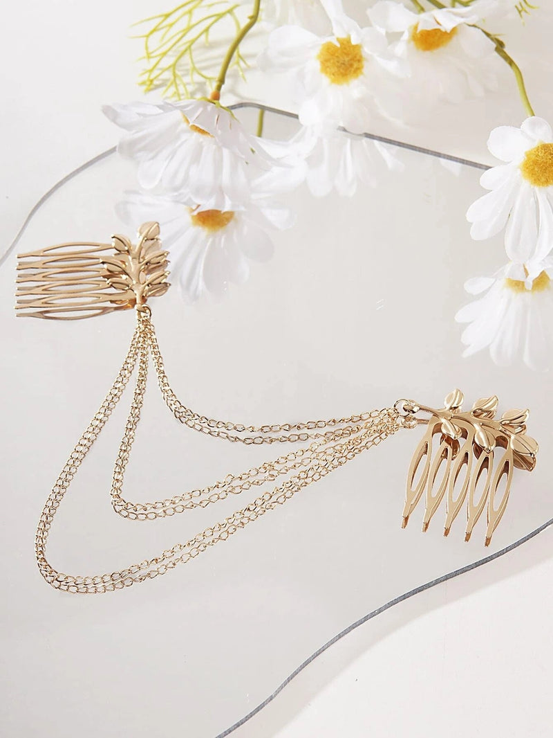 Triple Chained Hair Comb, Gold Leaf Hair Comb Hairpiece, Dancer Chained Hair Vine , Exotic Princess Hair Chain Headpiece - KaleaBoutique.com