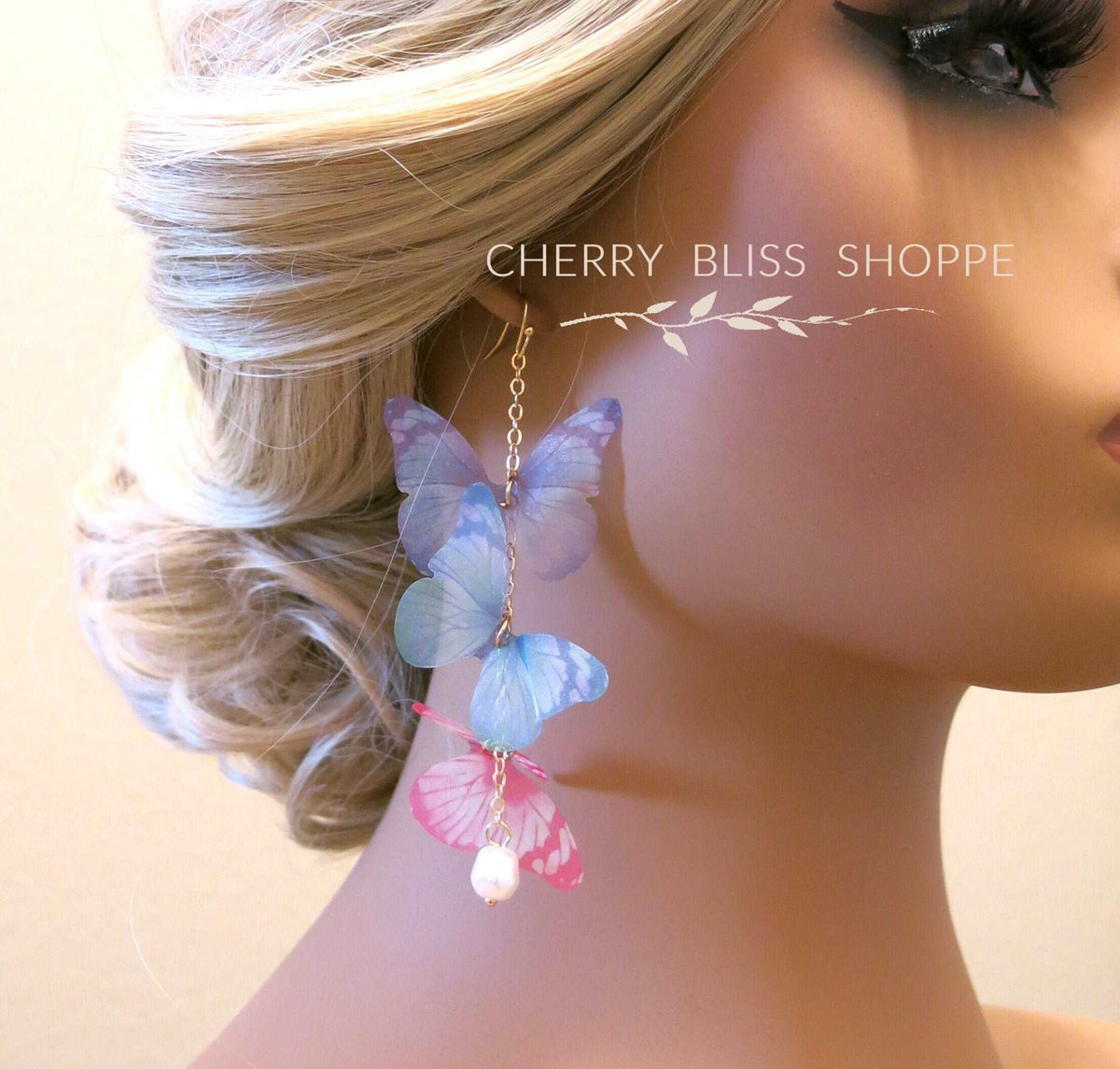 Tri Color Butterfly Chain Dangle Earrings, Chiffon Realistic Butterfly Earrings, Cute Silk Butterfly Wing Earrings - KaleaBoutique.com