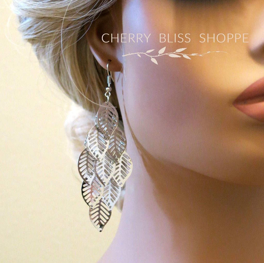 Large Laser Cut Leaf Dangle Earrings, Prom Party Bohemian Silver Earrings, Oversize Boho Leaf Earrings - KaleaBoutique.com