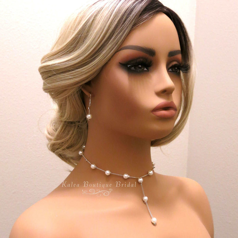 Bridal Pearl Chain Necklace Earrings Bracelet 4 PC Jewelry Set, Wedding or Prom Pearl Necklace - KaleaBoutique.com