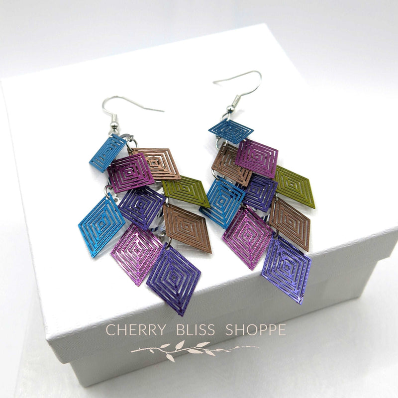 Geometric Laser Cut Dangle Earrings, Multicolored Layered Statement Earrings, Square Multi Color Earrings - KaleaBoutique.com