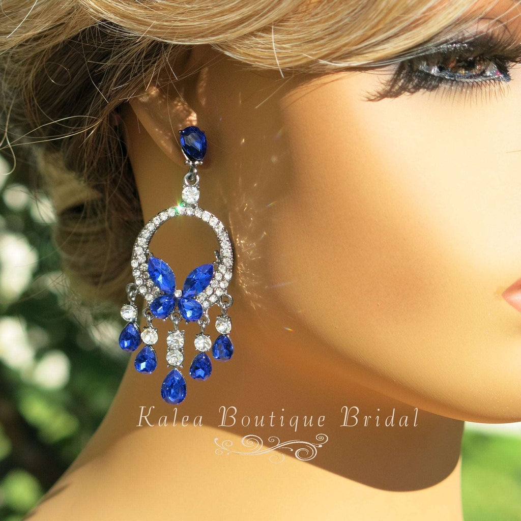 Blue Crystal Windchime Earrings, Rhinestone Earrings, Bridesmaid Dangle Crystal Earrings, Wedding Blue Gem Butterfly Stud Earrings - KaleaBoutique.com