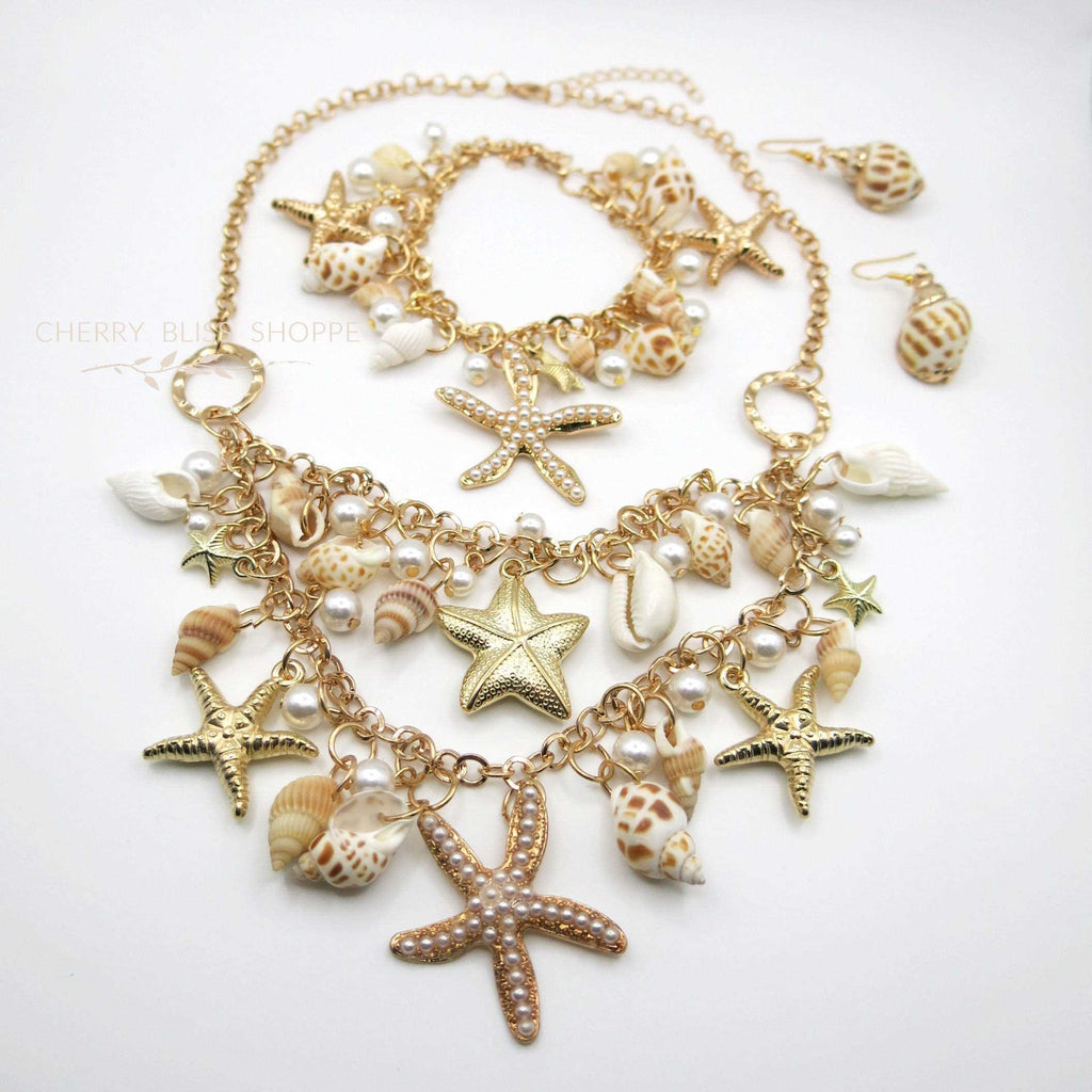 Natural Seashell Necklace and Bracelet, Beach Wedding Pearl and Starfish Bib Necklace, Charm Bracelet - KaleaBoutique.com
