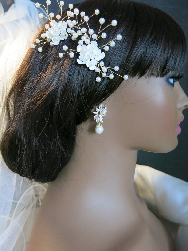 Floral Abalone Pearl Bridal Hair Pin, Wedding Seashell Flower Hairpin, Bride or Bridesmaid Ivory Gold Hairpin - KaleaBoutique.com