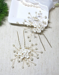 Floral Abalone Pearl Bridal Hair Pin, Wedding Seashell Flower Hairpin, Bride or Bridesmaid Ivory Gold Hairpin - KaleaBoutique.com