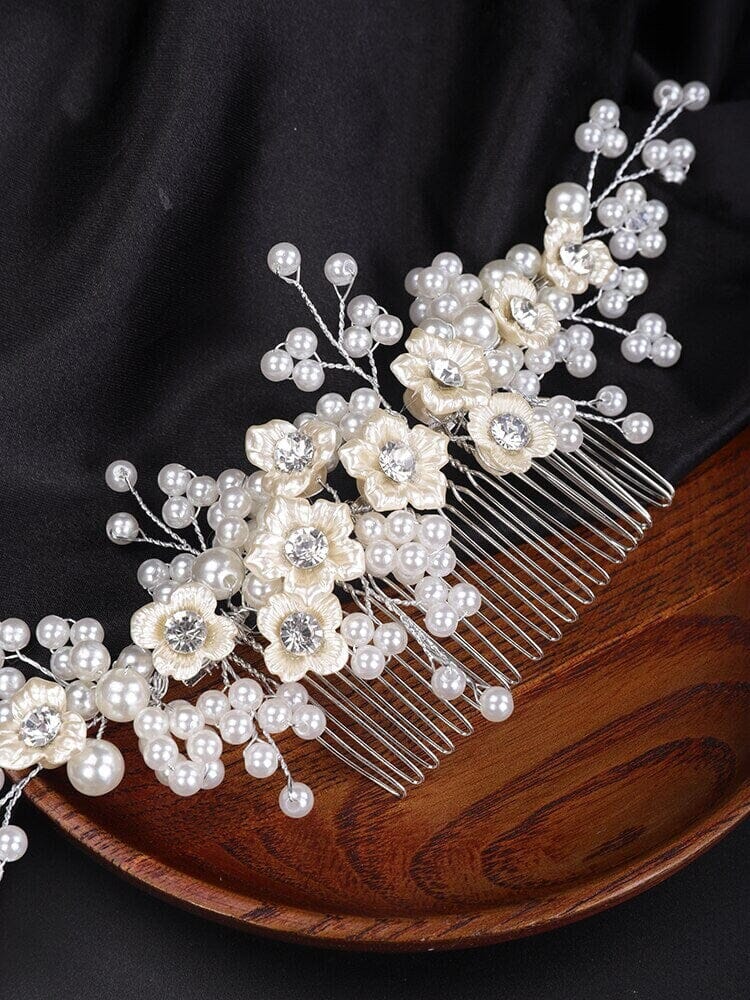 Ivory Flowers Large Bridal Hair Comb, Off White Bridal Pearl Hairpin, Wedding Pearl Decorative Hair Comb Headpiece - KaleaBoutique.com