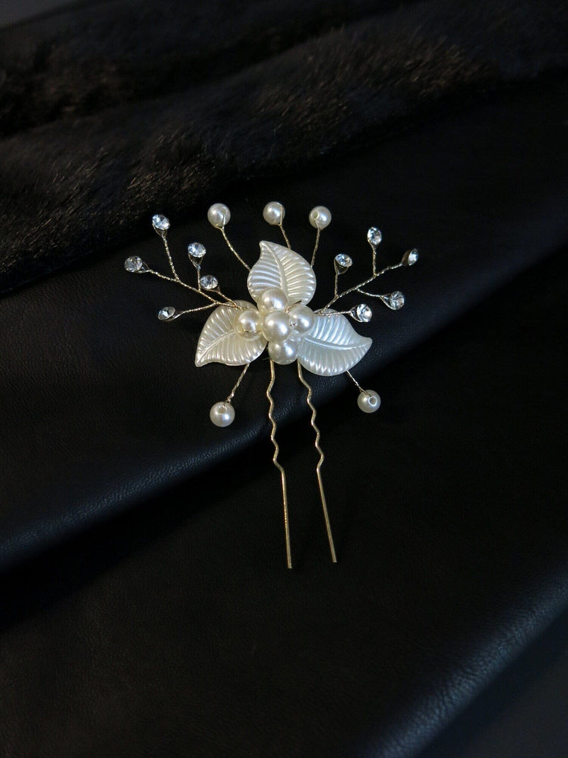 Ivory Pearl Leaf Gold Bridal 2 PC Hairpin Set, Wedding Off White Pearl Flower Hair Pin, Bride Floral Rhinestone Hairpiece, Pearl Hairpin - KaleaBoutique.com
