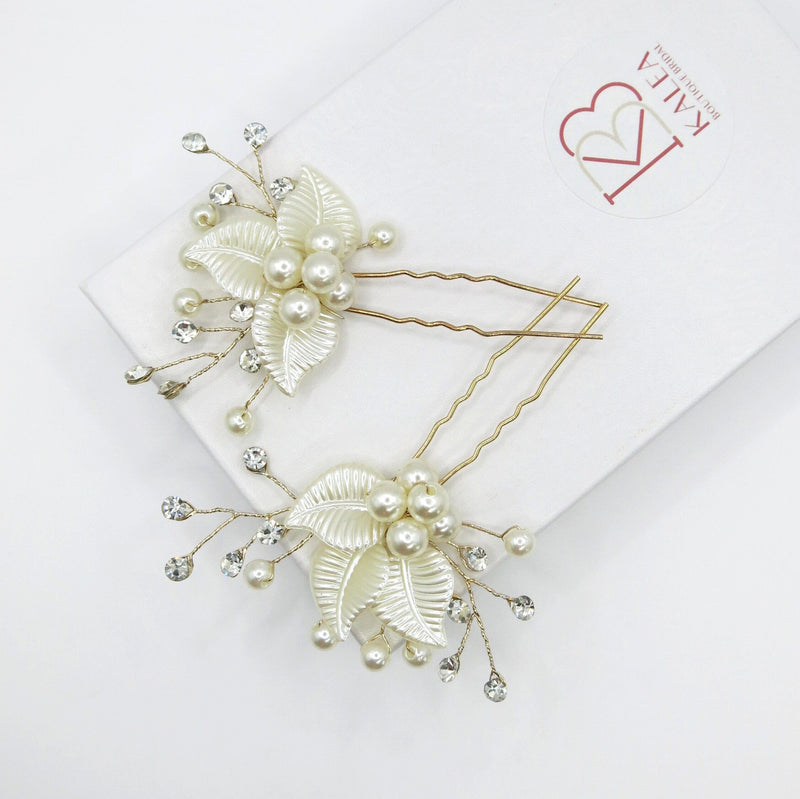 Ivory Pearl Leaf Gold Bridal 2 PC Hairpin Set, Wedding Off White Pearl Flower Hair Pin, Bride Floral Rhinestone Hairpiece, Pearl Hairpin - KaleaBoutique.com
