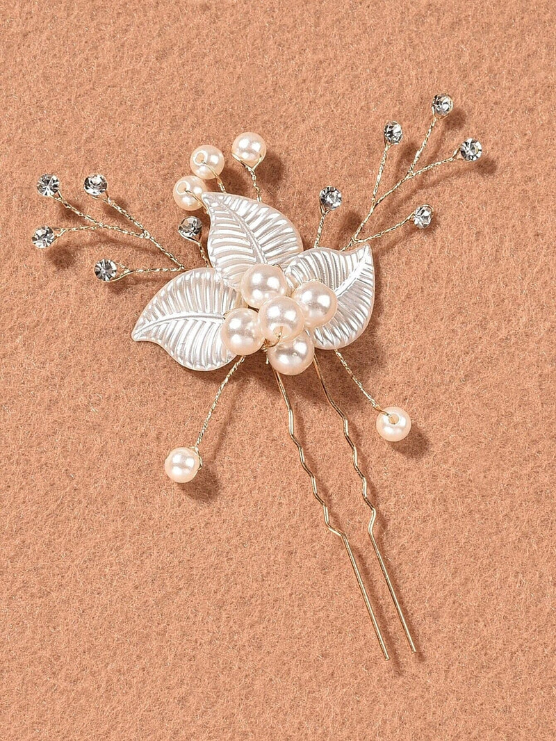 Ivory Pearl Leaf Bridal 2 PC Hairpin Set, Wedding Off White Pearl Flower Hair Pin, Bride Floral Pearl Hairpiece - KaleaBoutique.com