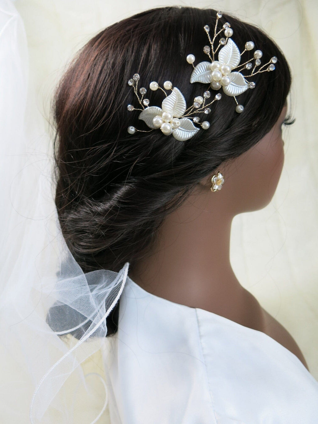 Ivory Pearl Leaf Bridal 2 PC Hairpin Set, Wedding Off White Pearl Flower Hair Pin, Bride Floral Pearl Hairpiece - KaleaBoutique.com