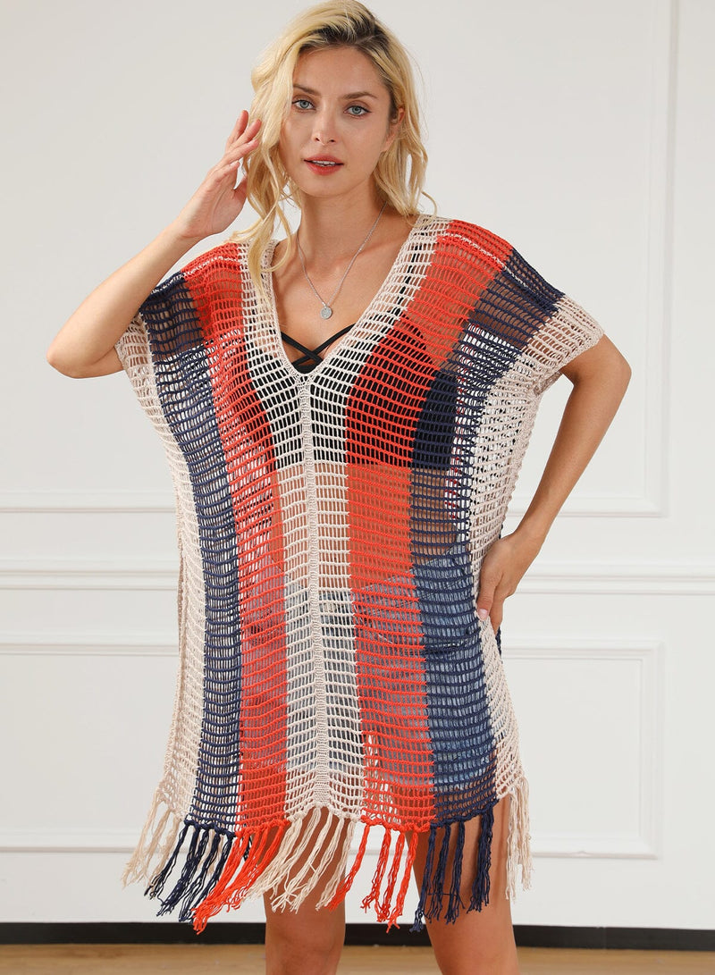 KaleaBoutique Striped Tassel Crochet V Neck Beach Cover Up - KaleaBoutique.com