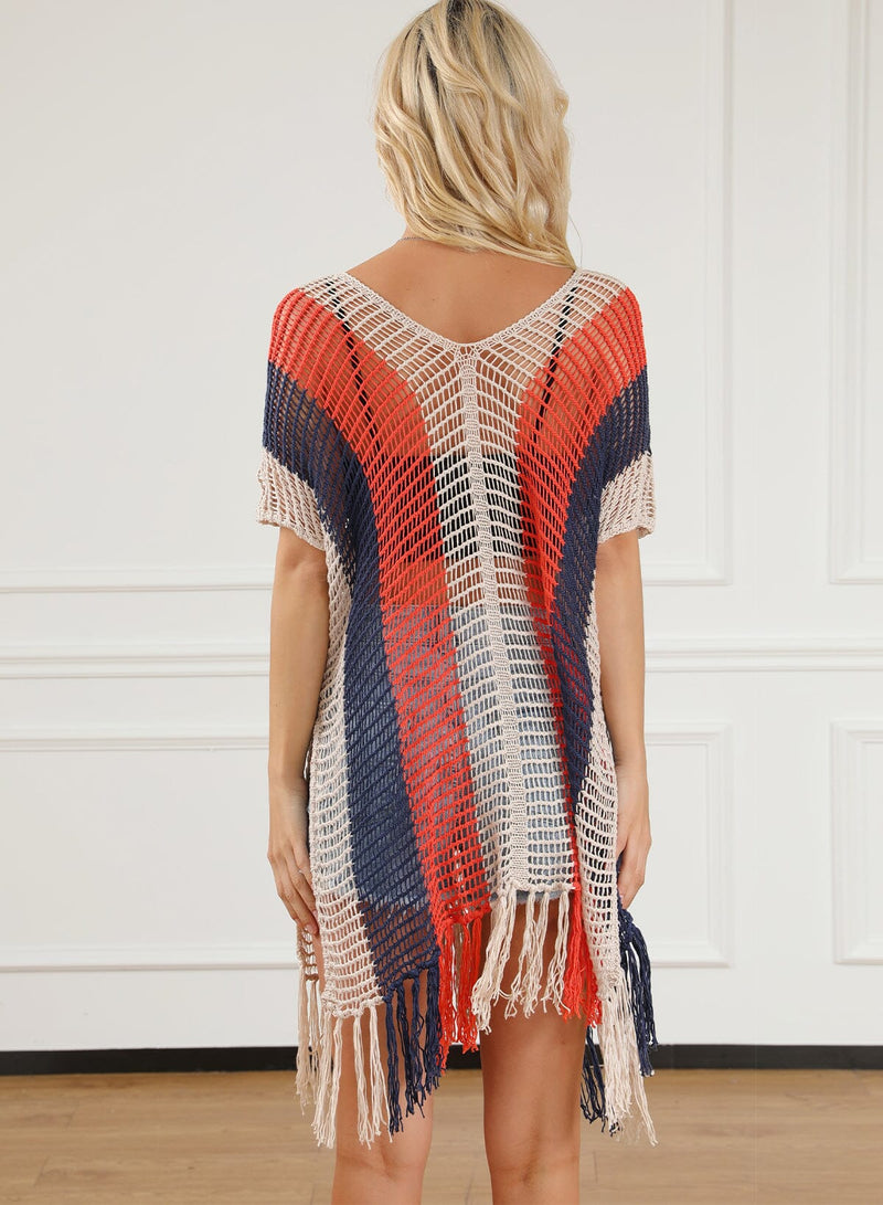 KaleaBoutique Striped Tassel Crochet V Neck Beach Cover Up - KaleaBoutique.com