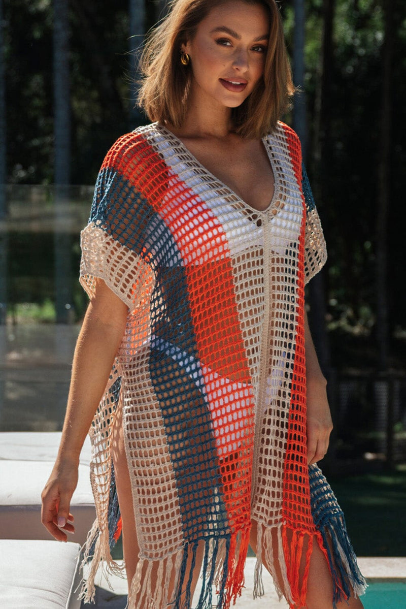 KaleaBoutique Striped Tassel Crochet V Neck Beach Cover Up - KaleaBoutique.com