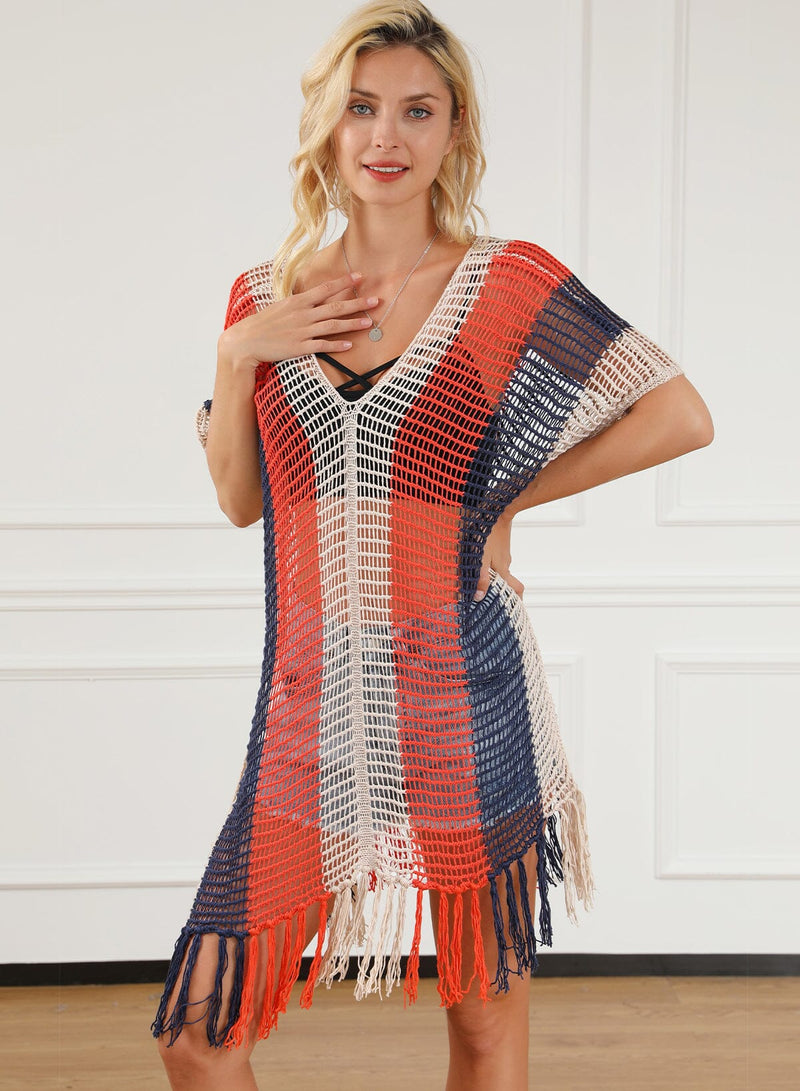 KaleaBoutique Striped Tassel Crochet V Neck Beach Cover Up - KaleaBoutique.com