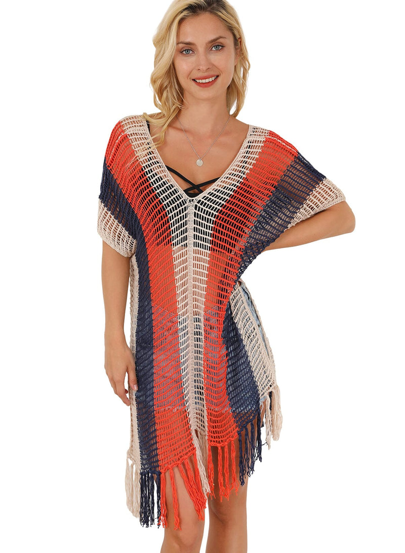 KaleaBoutique Striped Tassel Crochet V Neck Beach Cover Up - KaleaBoutique.com