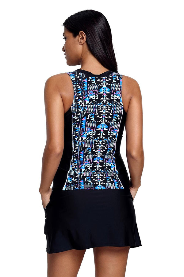 KaleaBoutique Stylish Geometric Print Sleeveless Zipper Racer Back Pocket Tankini Set - KaleaBoutique.com