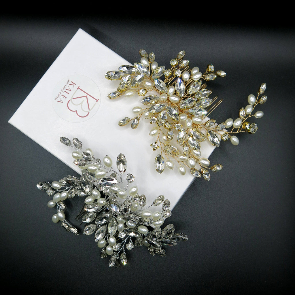 Large Crystal Leaf Pearl Hair Comb, Rhinestone Wedding Hairpiece, Bridal Gem Pearl Decorative Hair Comb Headpiece - KaleaBoutique.com