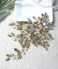Large Crystal Leaf Pearl Hair Comb, Rhinestone Wedding Hairpiece, Bridal Gem Pearl Decorative Hair Comb Headpiece - KaleaBoutique.com