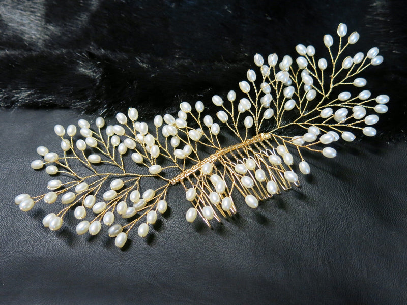Large Hand Wired Delicate White Pearl Leaf Olive Branch Wedding Bridal Boho Hair Comb Bejeweled Hairpin Accessory - KaleaBoutique.com