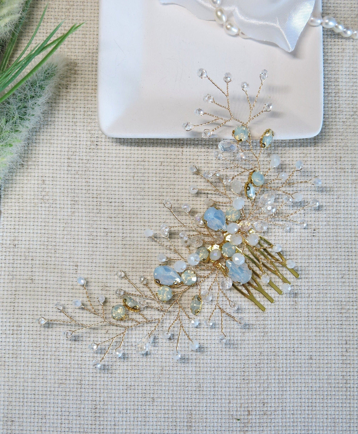 Large Milky Opal Crystal Hair Comb, Wedding Decorative Hair Comb Headpiece, Bridal Floating Opal Hairpiece - KaleaBoutique.com
