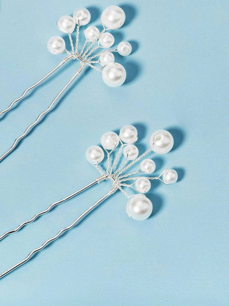 Pearl Starburst Bridal Hairpin Set, Wedding Silver Wire Pearl Hair Pins, Minimalist Bridal Pearl Headpins - KaleaBoutique.com