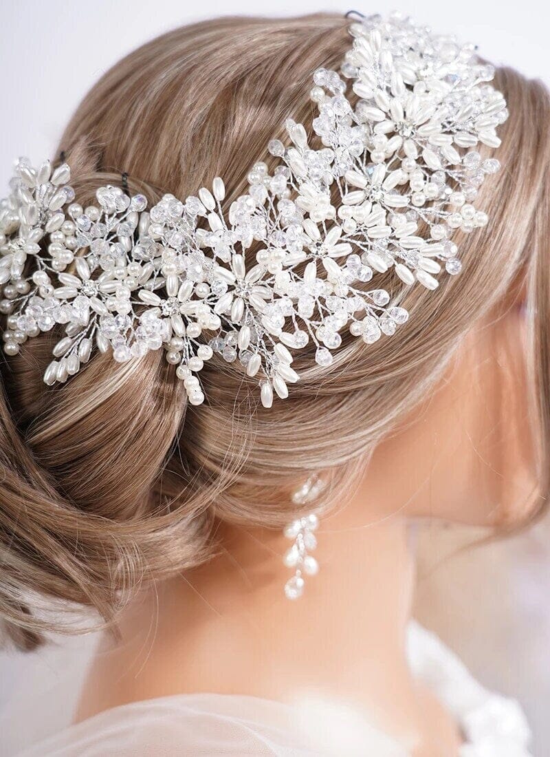 Large Pearl Crystal Flower Hairpiece, Wedding Pearl Wire Head Wreath, Bridal Floral Hair Vine, Bride Wire Headpiece or Pearl Dangle Earrings - KaleaBoutique.com