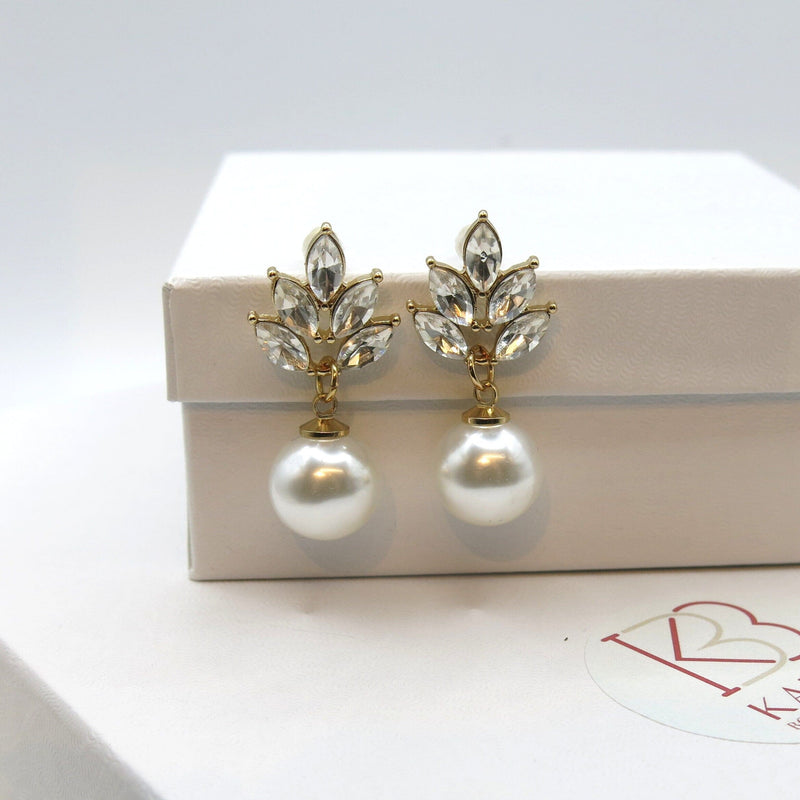 Large Pearl Dangle Crystal Studs, Wedding Bridal Bridesmaid Glam Pearl Drop Fashion Stud Earrings, CZ Diamond Pearl Earrings - KaleaBoutique.com
