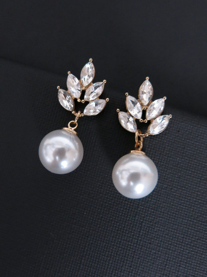 Large Pearl Dangle Crystal Stud Earrings, Wedding Bridal or Bridesmaid Pearl Drop Earrings, CZ Diamond Pearl Earrings - KaleaBoutique.com