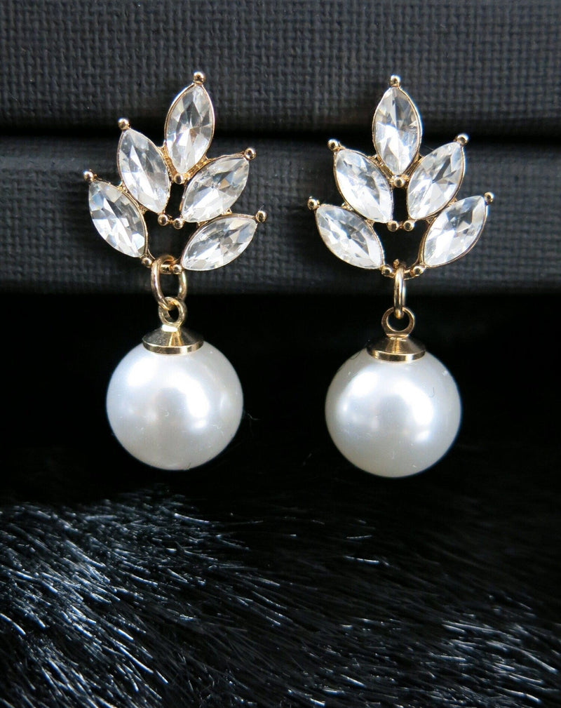 Large Pearl Dangle Crystal Stud Earrings, Wedding Bridal or Bridesmaid Pearl Drop Earrings, CZ Diamond Pearl Earrings - KaleaBoutique.com