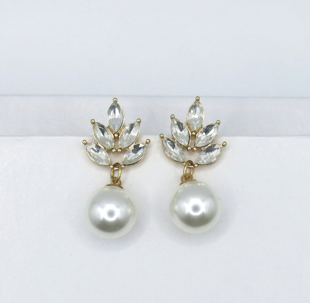 Large Pearl Dangle Crystal Stud Earrings, Wedding Bridal or Bridesmaid Pearl Drop Earrings, CZ Diamond Pearl Earrings - KaleaBoutique.com