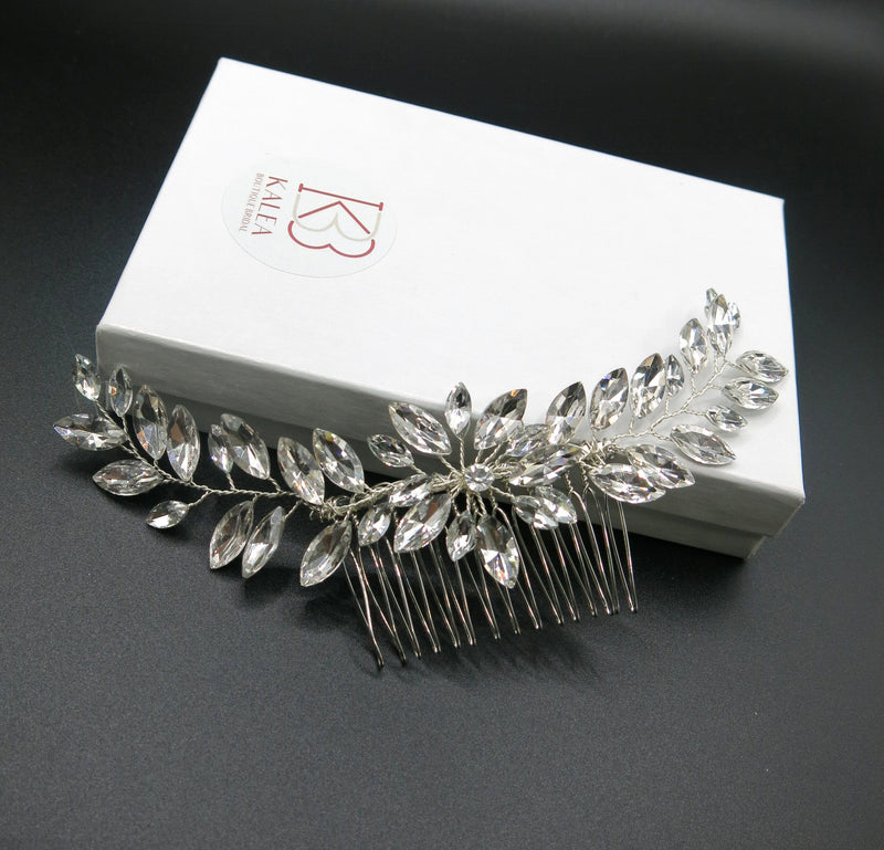 Large Rhinestone Wire Brides Hair Comb, Wedding Crystal Flower Hairpiece, Bridal Clear Crystal Vine Hair Comb - KaleaBoutique.com