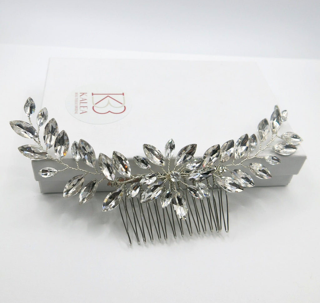 Large Rhinestone Wire Brides Hair Comb, Wedding Crystal Flower Hairpiece, Bridal Clear Crystal Vine Hair Comb - KaleaBoutique.com